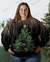 Women's Plus Simple Fashion Gold Striped Christmas Tree Print Long-sleeved Sweatshirt